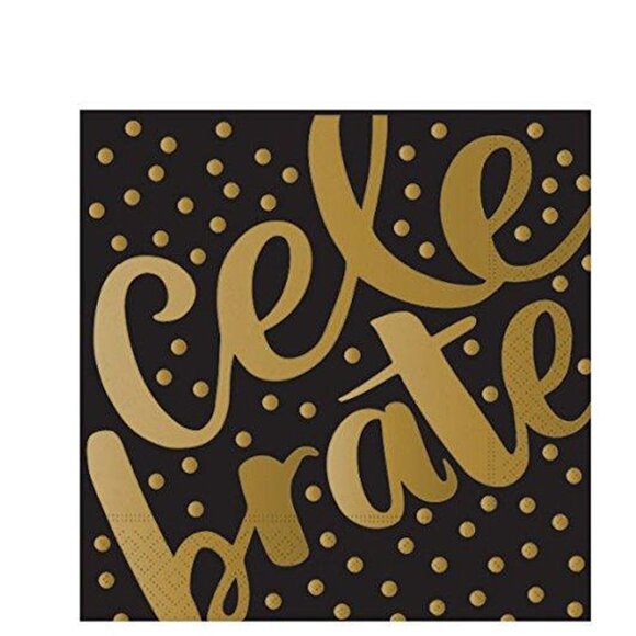 Celebrate Black and Gold Beverage Paper Napkins - Picture 1 of 1